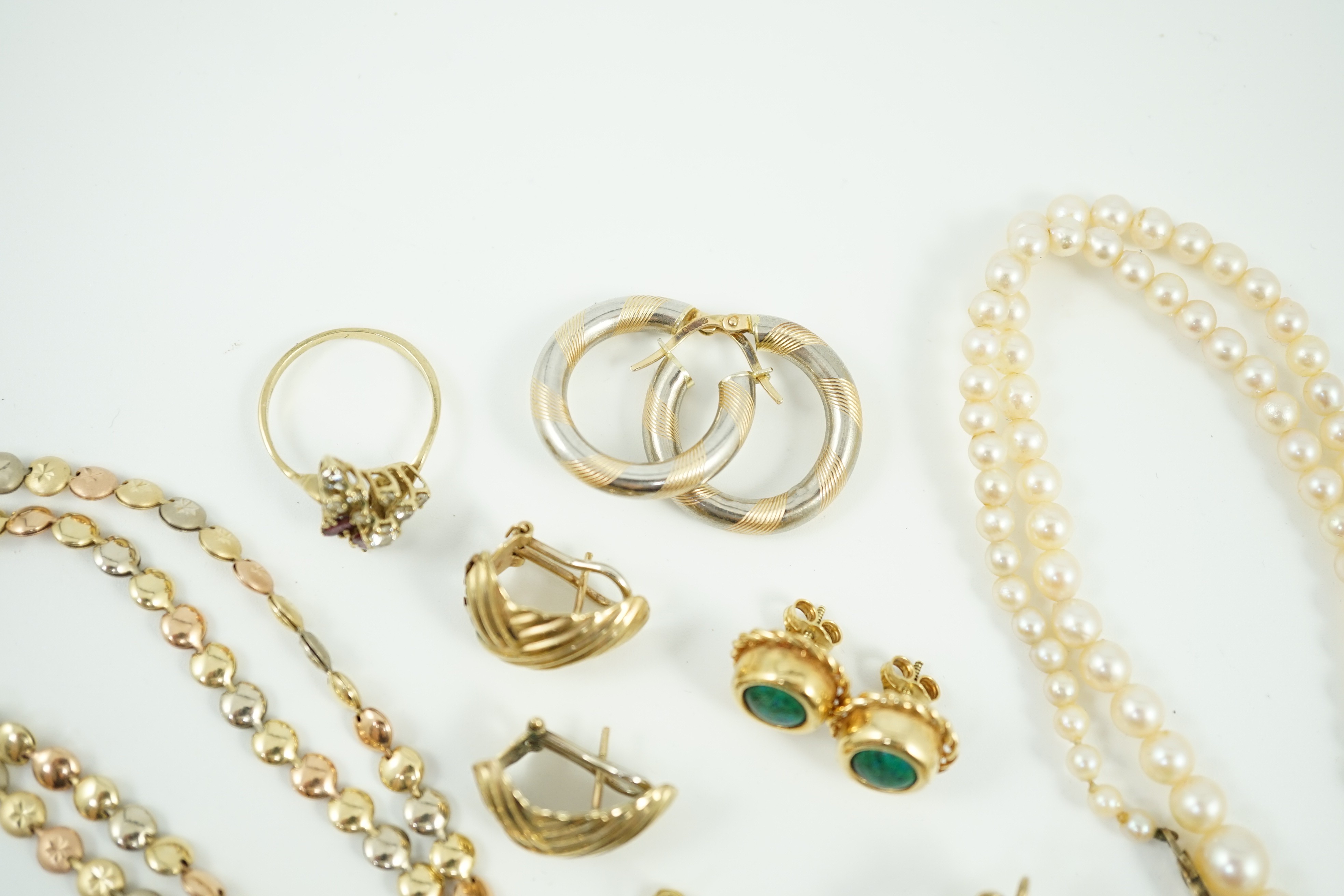 Sundry minor jewellery, including two pairs of 585 earrings, one set with hardstone and a 14k three colour yellow metal necklace, 42cm, gross weight 21.6 grams, a pair of 375 earrings, a single 9ct earring, a 9ct and gem